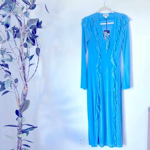 Future Collective Dresses & Skirts - Future Collective Blue Maxi Dress Size XS Front Spilt Long Sleeve V-Neckline